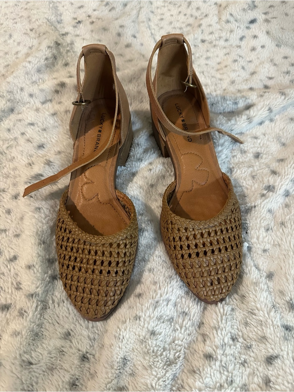 Lucky Brand Woven Tan Ankle-Strap Heels